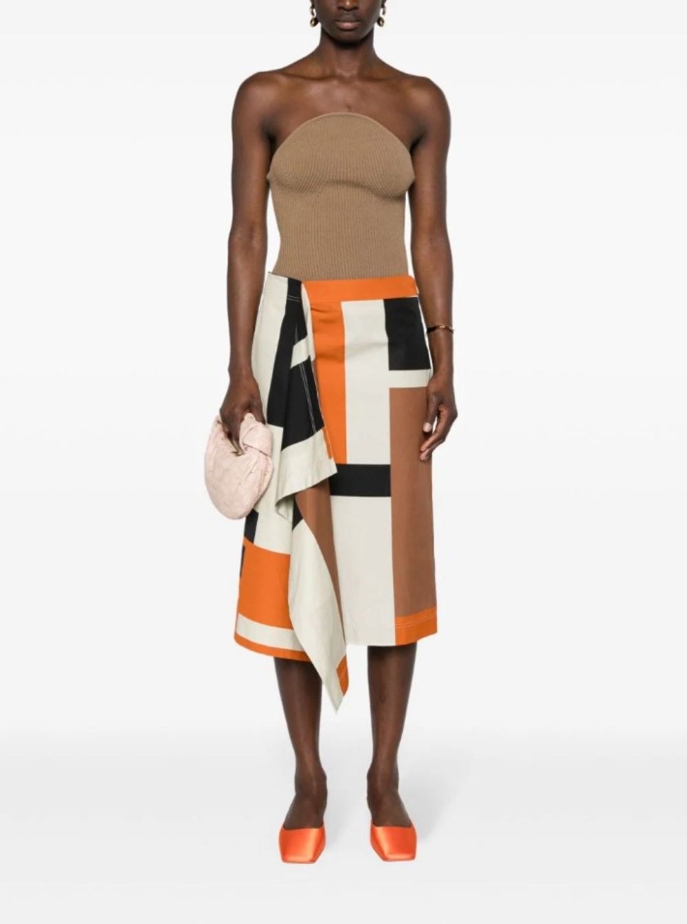 Fendi Orange and black long skirt with draped panel in