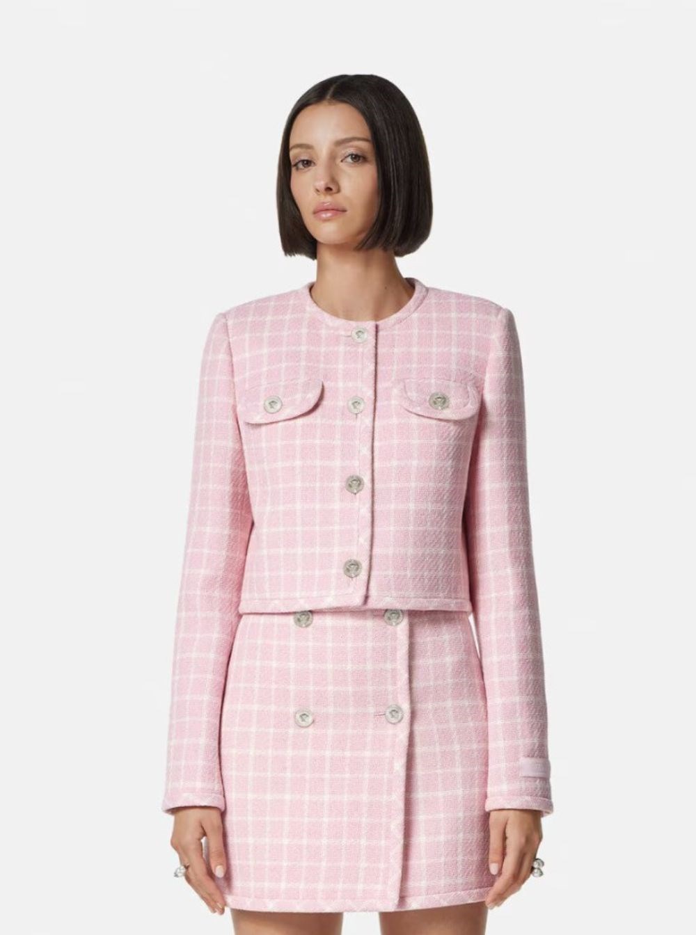 【関税＆送料込み】Versace Pink Checked Tweed Jacket With M Versace Pink checked tweed jacket with medusa head buttons