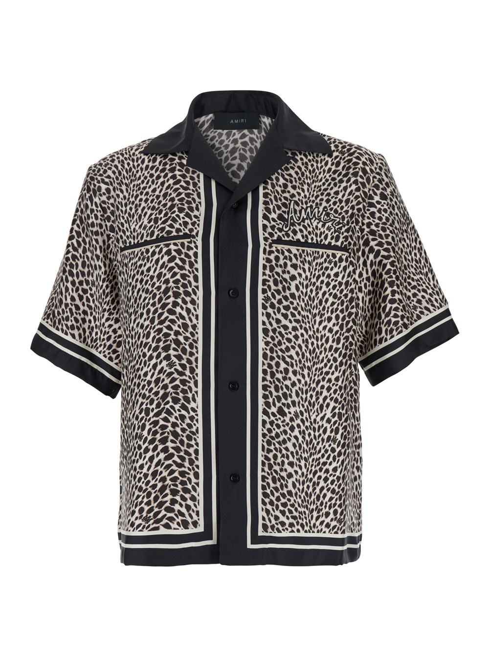 Amiri Black bowling shirt with leopard print in silk man available 