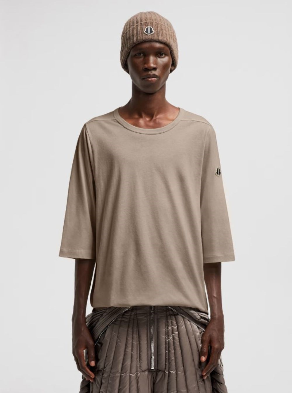 Moncler + rick owens Beige crewneck t-shirt with logo patch Moncler + rick owens Beige crewneck t-shirt with logo patch