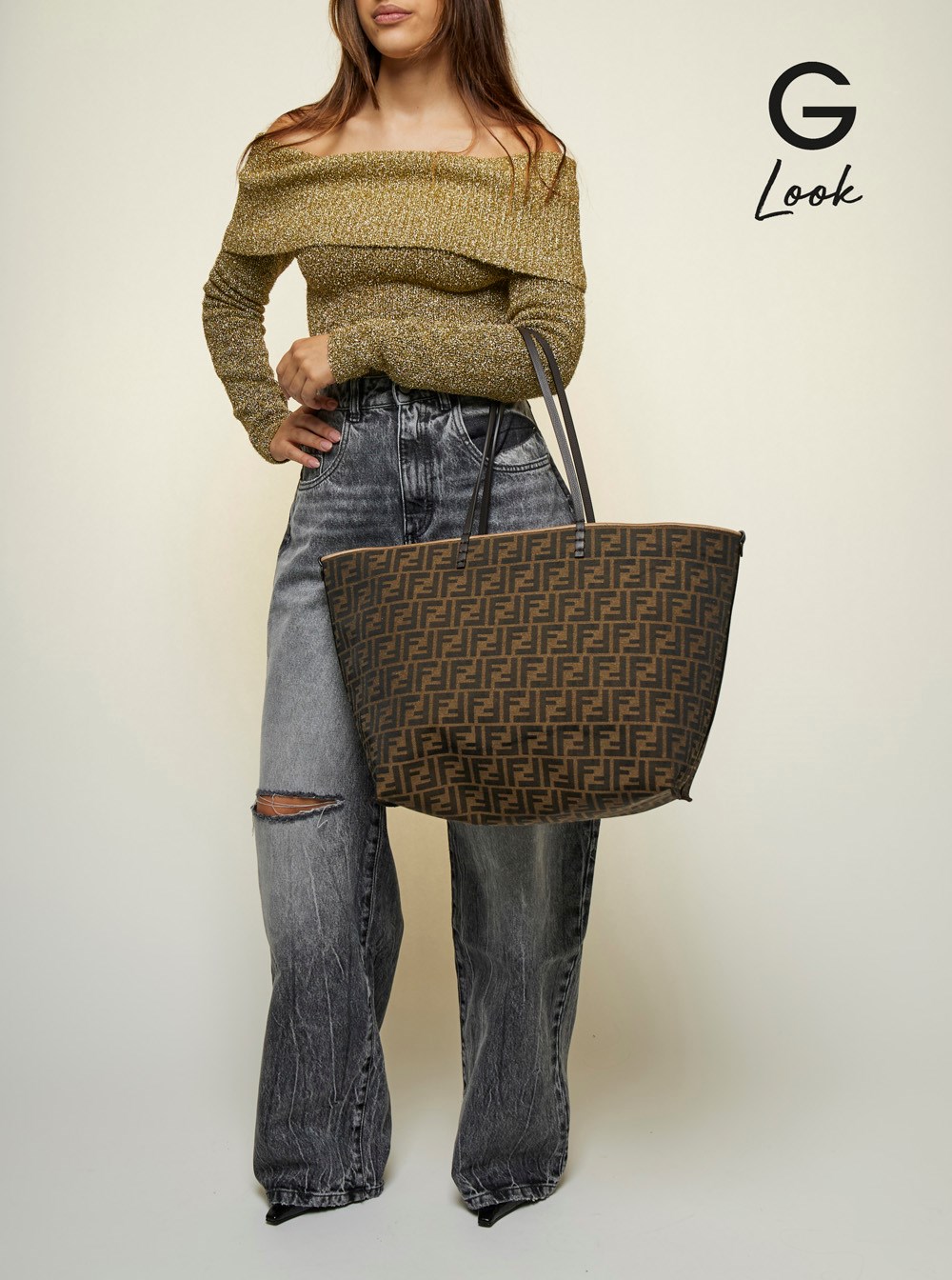 Fendi 'roll large' beige reversible tote bag in striped chenille