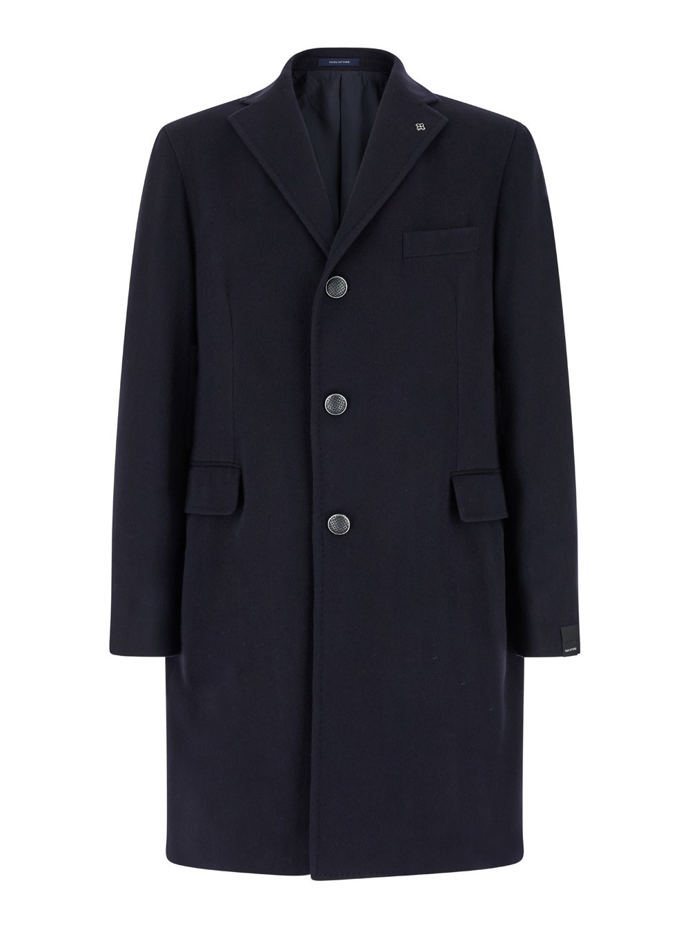Tagliatore Blue single-breasted coat with logo pin in wool