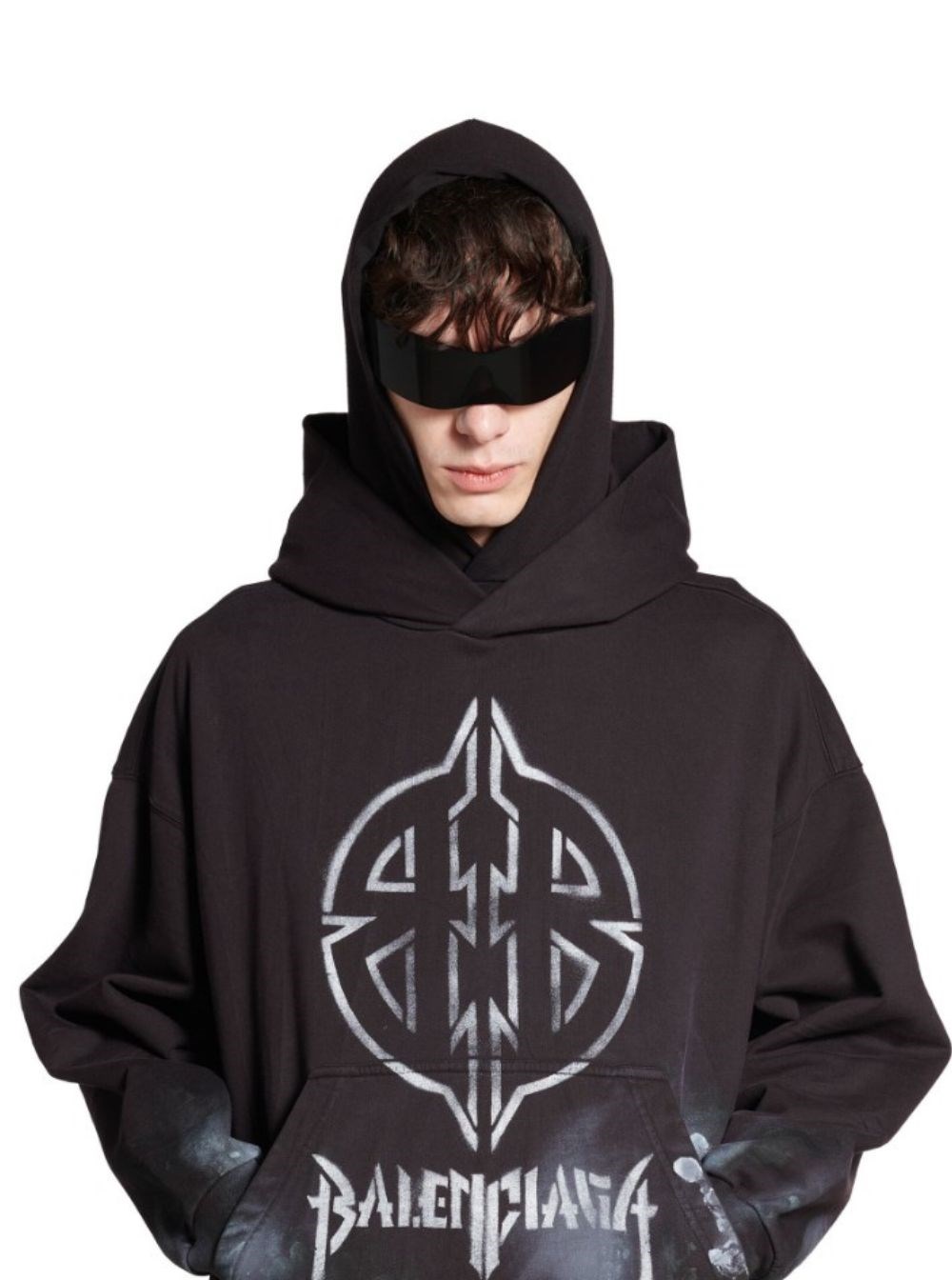 Balenciaga Black hoodie with metal bb stencil motif in dirty