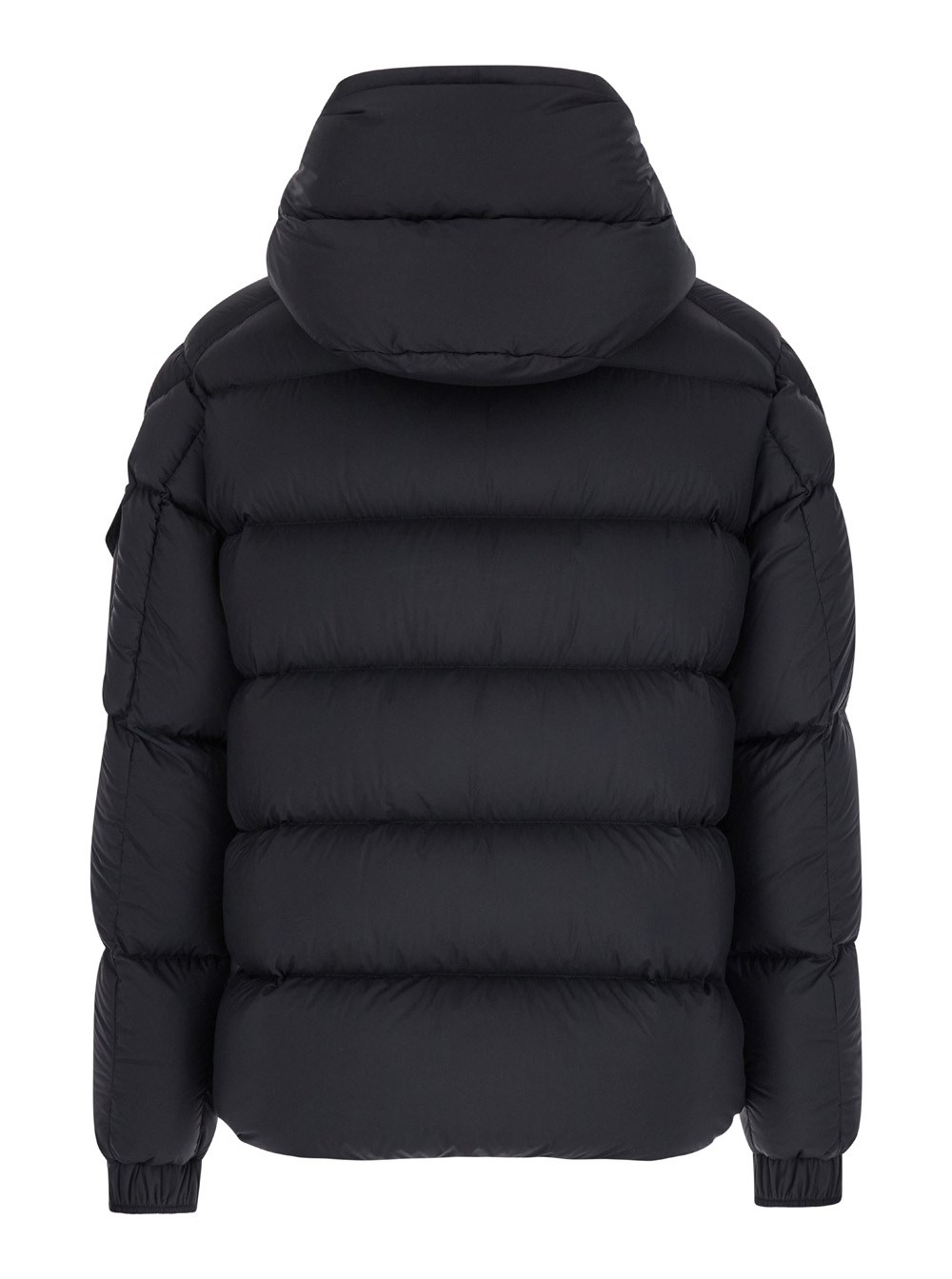 Moncler 'vezere' black down jacket with drawstring hood and logo