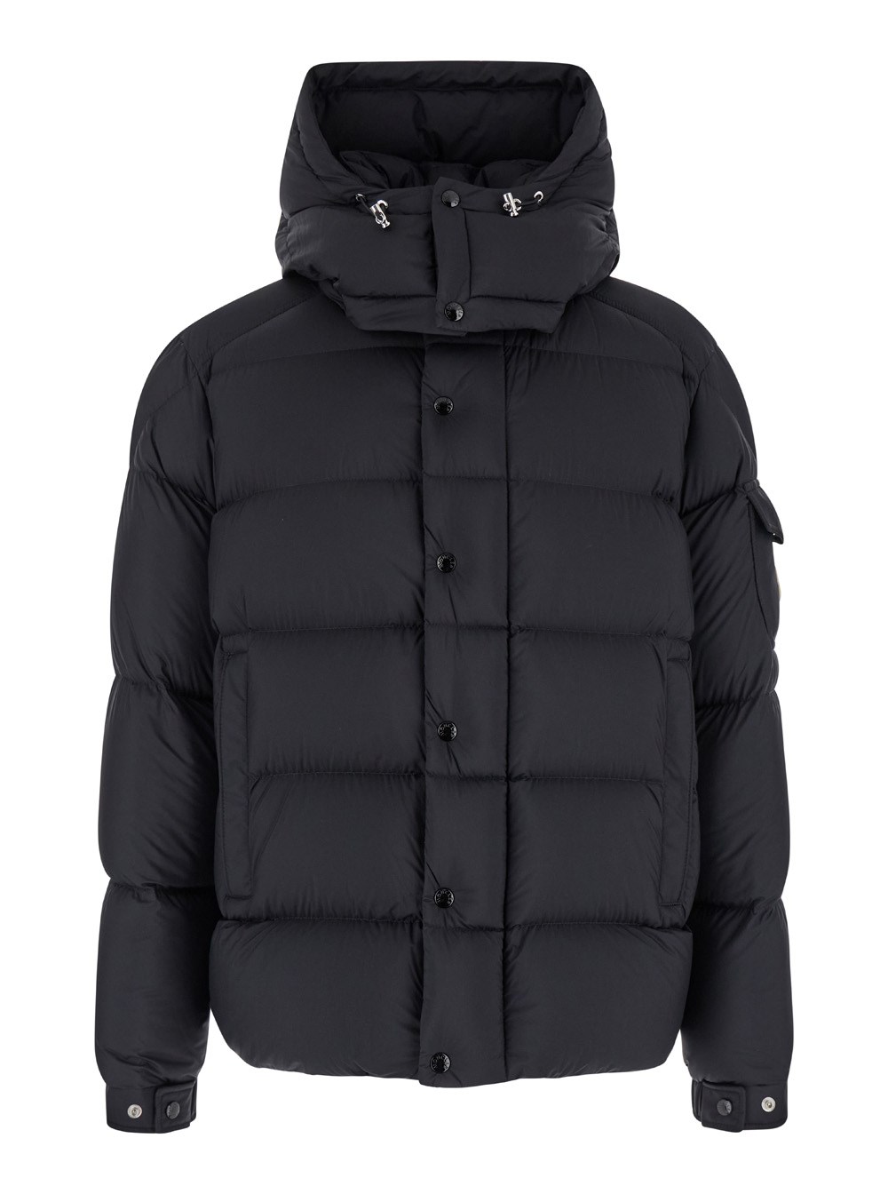 Moncler 'vezere' black down jacket with drawstring hood and logo