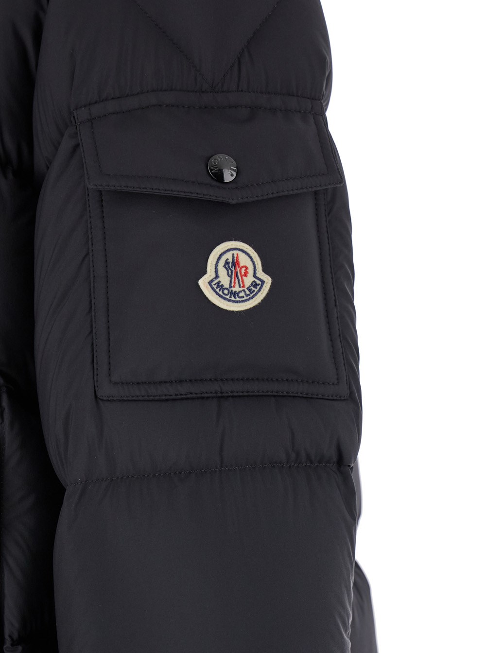 Moncler 'vezere' black down jacket with drawstring hood and logo
