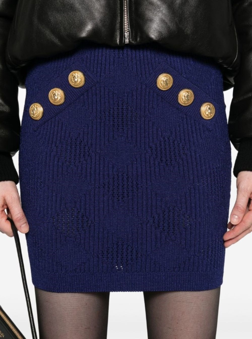 【送料&関税込】Balmain Blue Mini Skirt With Jewel Buttons I Balmain Blue mini skirt with jewel buttons in viscose blend