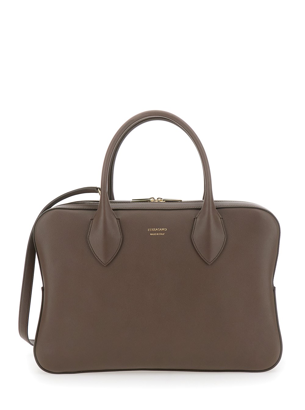 【送料&関税込】Ferragamo Brown Handbag With Three Zips And Ferragamo Brown handbag with three zips and logo printed on