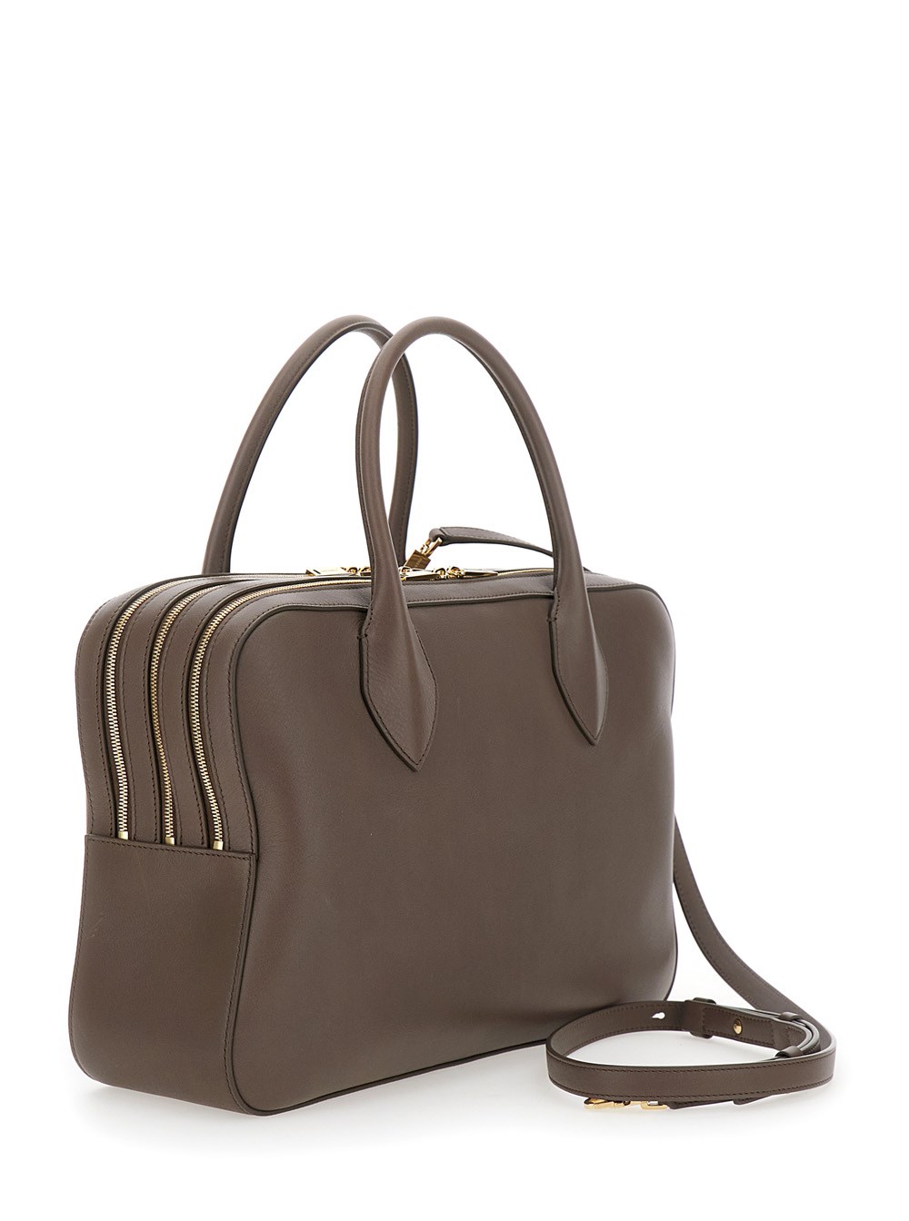【送料&関税込】Ferragamo Brown Handbag With Three Zips And Ferragamo Brown handbag with three zips and logo printed on