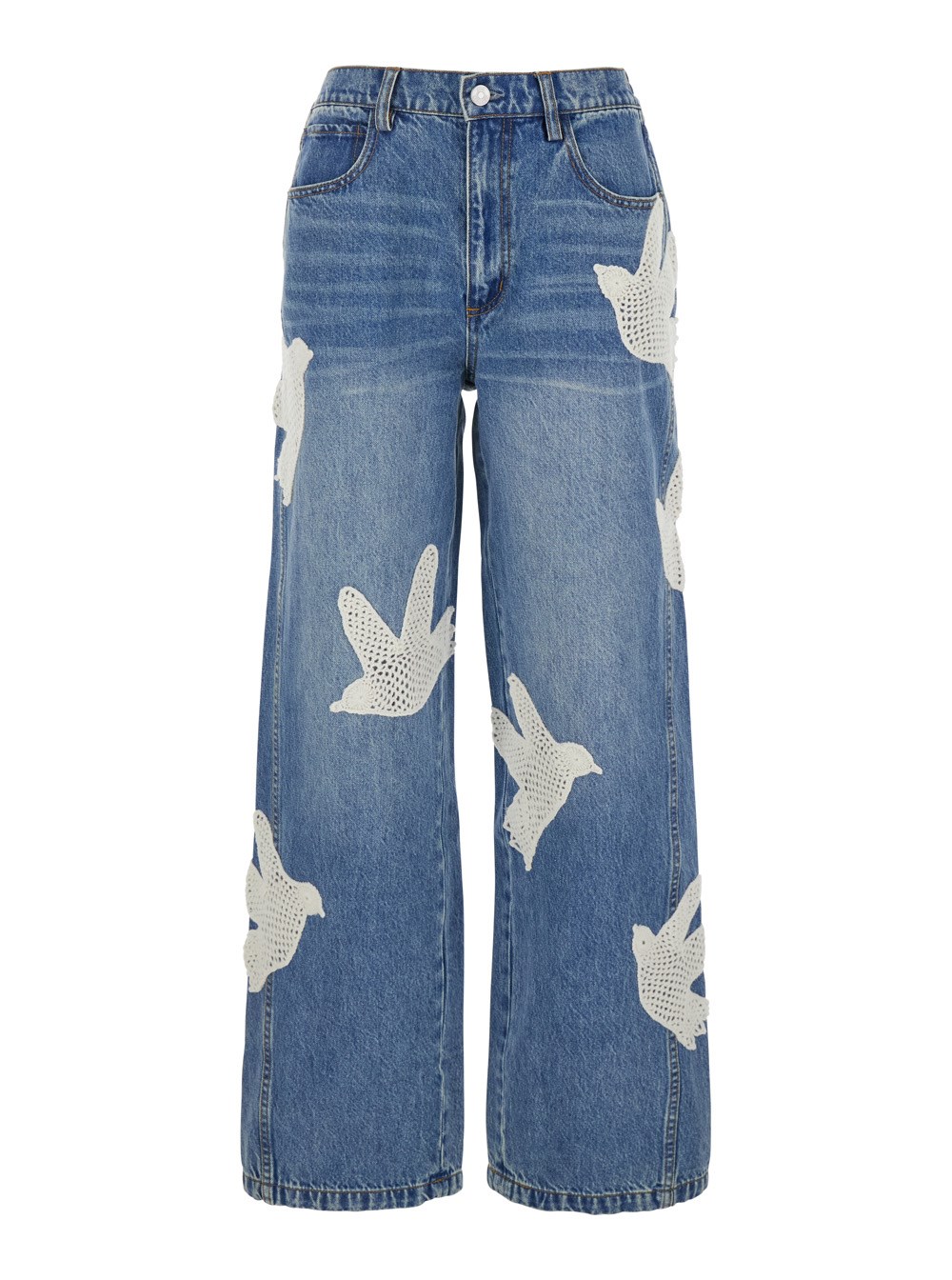 Sea nyc 'payton' blue jeans with all-over crochet birds in cotton