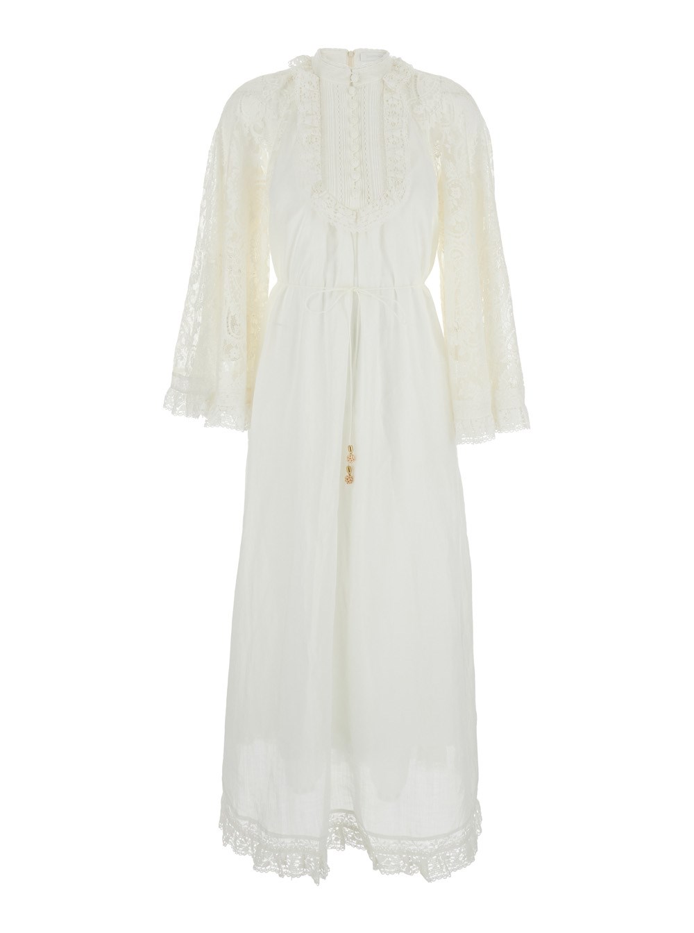 Zimmermann 'ascension lace yoke' white midi dress with lace embellishment  and stand-up collar in ramie woman available on Gaudenzi Boutique - 166019